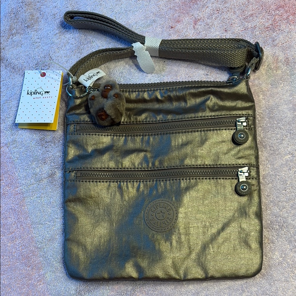 Kipling Keiko Metallic Pewter Messenger Bag